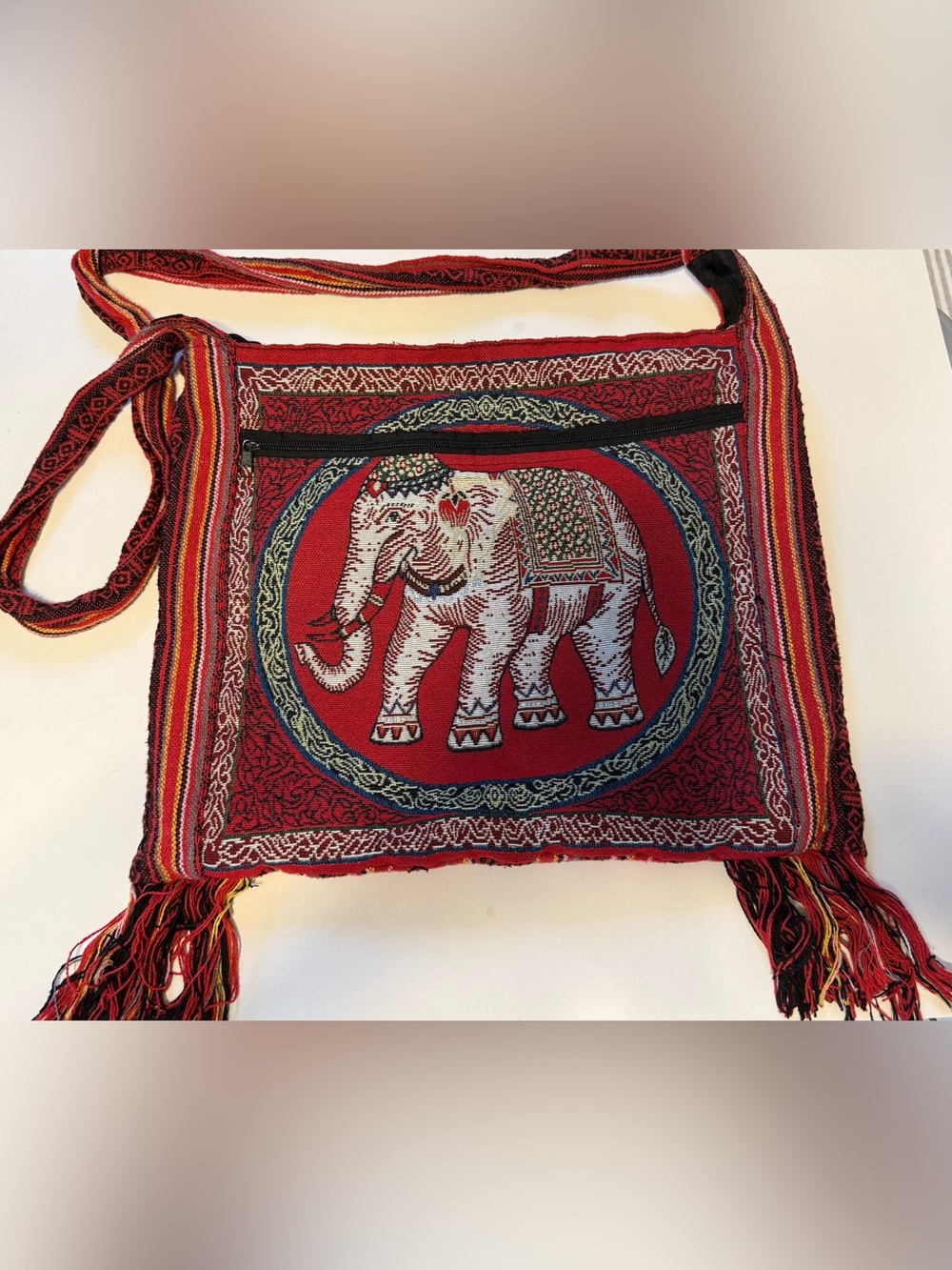 Boho Red Elephant Woven Tapestry Crossbody Hippie Bag
